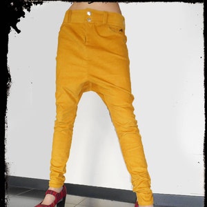 Pantalon sarouel slim en velours jaune pour femme, drop crotch pantalon, pantalon taille basse, LoOk image 1