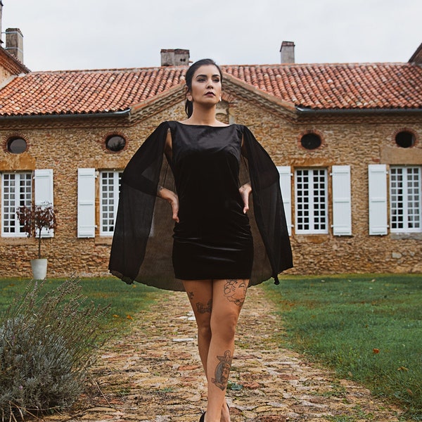 Robe de soirée courte pour femme, robe cape noire en velours et mousseline, the Crow