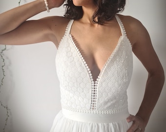 Boho wedding dress in lace and chiffon, Custom-made wedding dress made in France, Margaery