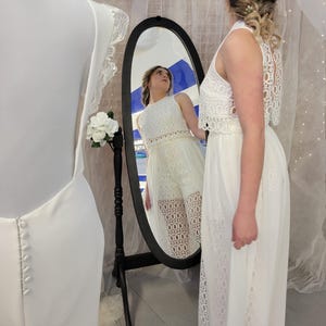 Boho bridal set, lace pants and crop top with detachable train, two pieces wedding outfit modern bride, Alizée