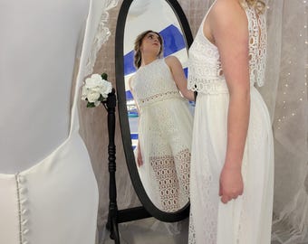 Boho bridal set, lace pants and crop top with detachable train, two pieces wedding outfit modern bride, Alizée
