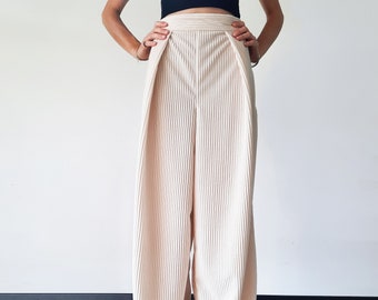 Pantalon large pour femme, pantalon palazzo en velours blanc cassé, pantalon taille haute à plis, BaZinga