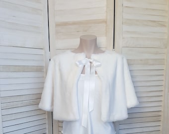 Winter wedding cape, white fur and satin ribbon cape, short bridal cape, Elsa