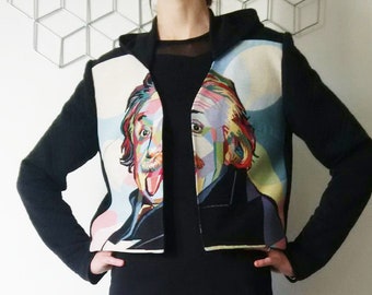 Veste noire à capuche pour femme, veste style pop rock, veste courte à motif Albert Einstein ou Frida Kahlo, MC2