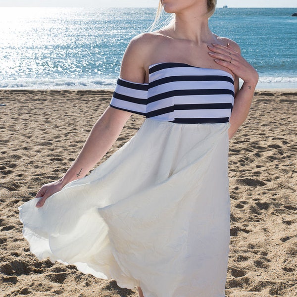 Robe marinière, robe blanche et bleue pour femme, robe originale la Cité des Nuages