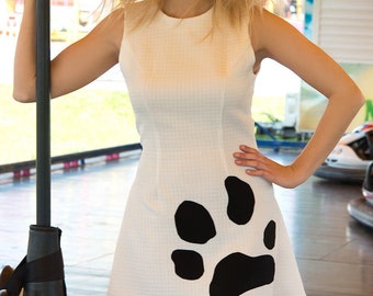 Short white and black dress for women, kawaii cat pattern dress, Velvet