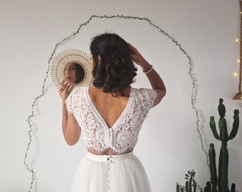 Crop top de mariée en dentelle, robe de mariée deux pièces, Myrcella