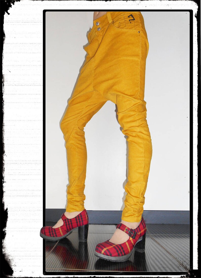 Pantalon sarouel slim en velours jaune pour femme, drop crotch pantalon, pantalon taille basse, LoOk image 2