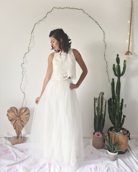 Two piece Wedding Dress English Embroidery Bridal Crop Top and
