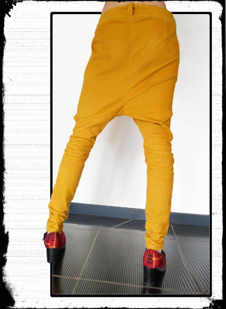 Pantalon sarouel slim en velours jaune pour femme, drop crotch pantalon, pantalon taille basse, LoOk image 3