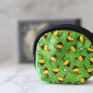 PEANUTS Cotton Fabric Coin Purse with Fluffy Lining Batting, Gift, Snoopy, Woodstock, Green, Made In USA