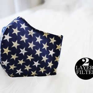 Limited* Patriotic Blue Star Fabric face Mask with filter, 3 layers, Washable mask, Reusable mask, 100% Cotton, Gift, Made in USA