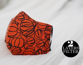 Bagliore di zucca nella maschera facciale in tessuto scuro con filtro, 3 strati, maschera lavabile, maschera riutilizzabile, 100% cotone, regalo, MADE IN USA