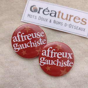 Puede incluir: Dos botones redondos rojos con el texto "affreuse gauchiste" en blanco y diseños de estrellas. Una tarjeta rectangular blanca con la palabra "Créatures" y el texto "MOTS DOUX & NOMS D'OISEAUX" en el fondo.