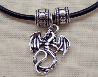 Silber Drache Charm Halskette an Lederband
