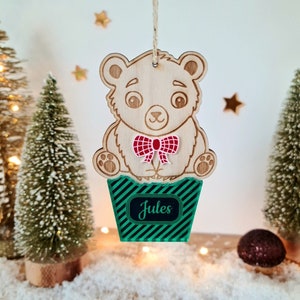 Personalized little bear Christmas ball with first name/wood and plexiglass/baby child/my first Christmas/original Christmas gift/tree decoration