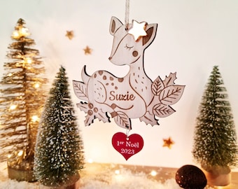 Bola de Navidad de ciervo, personalizada con nombre, de madera y plexiglás, bebé/niño, primera Navidad, regalo de Navidad original, decoración para árbol, hecha a mano