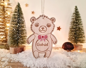 Bola de Navidad de oso de madera personalizada con nombre, bebé/niño, mi primera Navidad, regalo de Navidad original, decoración de árbol hecha a mano