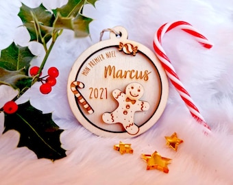 Bola de Navidad de madera personalizada con nombre, adorno de jengibre, primera Navidad, adorno para árbol, bebé/niño, regalo original hecho a mano
