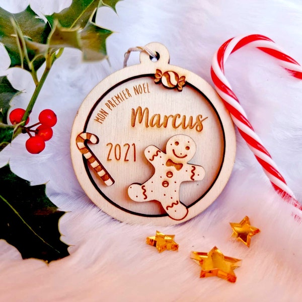 Personalized wooden Christmas ball with first name/gingerbread/first Christmas/baby child tree decoration