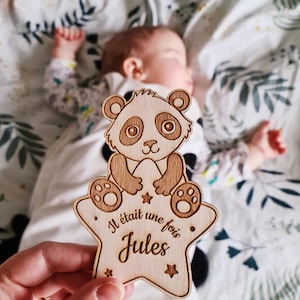 Carte en bois personnalisée/souvenir naissance bienvenue bébé panda/ cadeau fait main original/cartes étapes/faire part naissance/