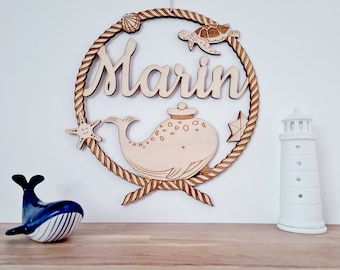Décoration baleine en bois chambre bébé enfant/décoration murale personnalisée avec prénom/mer/cadeau naissance/plaque de porte