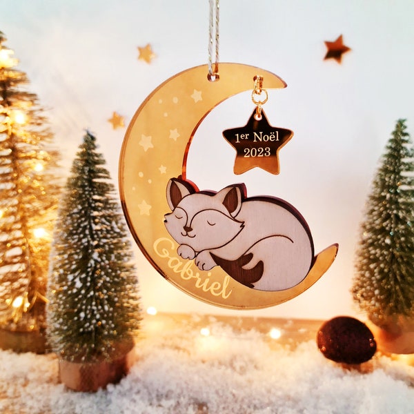 Bola de Navidad zorrito personalizada con nombre/madera y plexiglás/bebé/mi primera Navidad/regalo de Navidad original/decoración del árbol