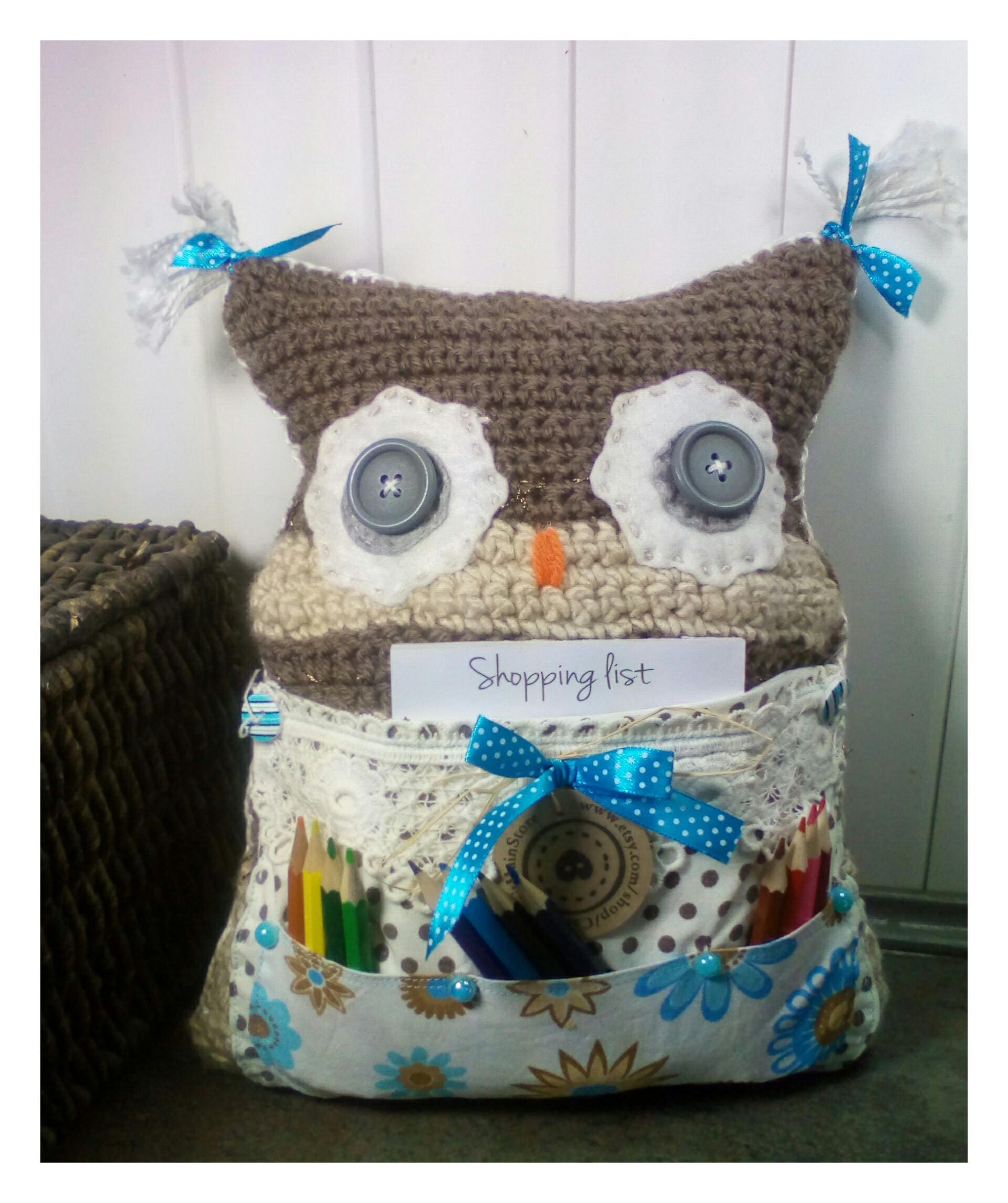 Coussin Hibou, Coussin Au Crochet avec Des Crayons, Le Hibou et Bloc-Note, Note Pad Pour Les Enfants