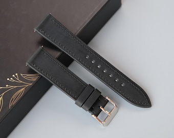 Black Waxed Leather Watch Strap: Handmade Custom Band