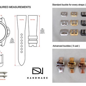 May include: A diagram showing the required measurements for a watch strap, including band width, buckle width, and strap length. The diagram also shows a variety of standard and advanced buckles that are available.