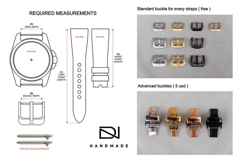 May include: A diagram showing the required measurements for a watch strap, including band width, buckle width, and strap length. The diagram also shows a variety of standard and advanced buckles that are available.