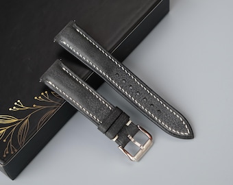 Handmade Black Waxed Leather Watch Strap: Vintage Style, Custom Size