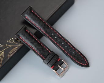 Handmade Black Taiga-Embossed Leather Watch Band – Custom Sizes from 12mm to 26mm