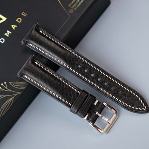 MBOX LUX Leather Watch Strap, Black Watch Strap, Custom Watch Strap, Handmade Watch Strap, 26mm 24mm 23mm 22mm 21mm 20mm 19mm 18mm 17mm 16mm