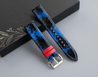 Blue And Black Veg-Tan Patina Leather Watch Strap - Custom Sizes From 26mm to 10mm