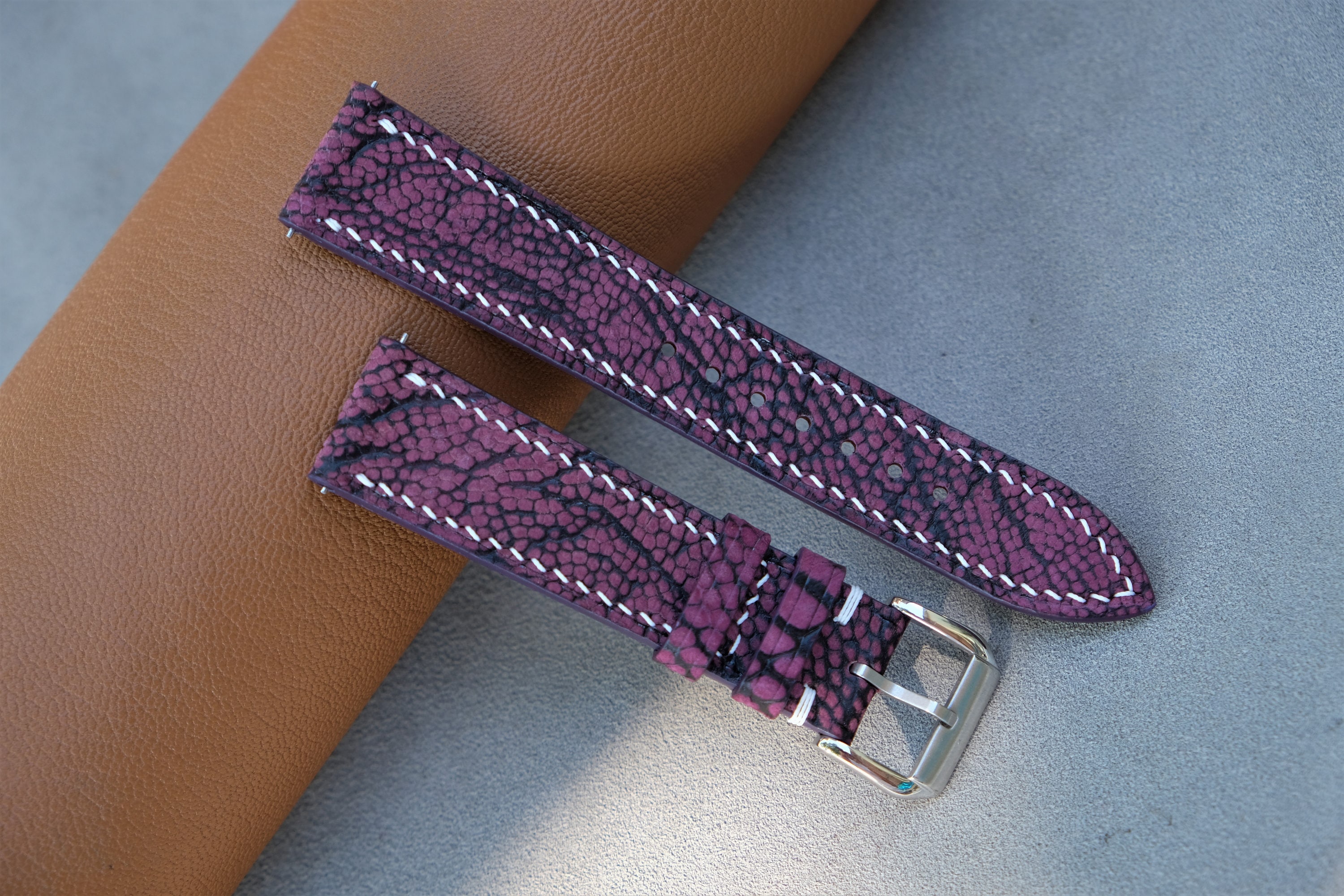Purple Ostrich Nubuck Watch Strap - Handmade Custom Leather Band