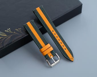 Uhrenarmband zweifarbig dunkelgrün & orange, Chevre Sully, handgefertigt
