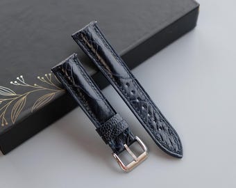 Dark Blue Ostrich Leather Watch Strap - Custom Sizes From 26mm to 10mm