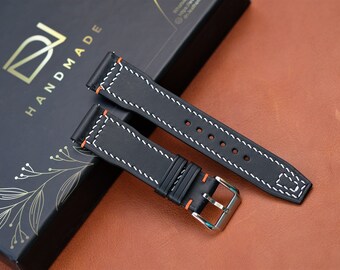 Handmade Black Buttero Leather Watch Strap: 22mm 21mm 20mm 19mm