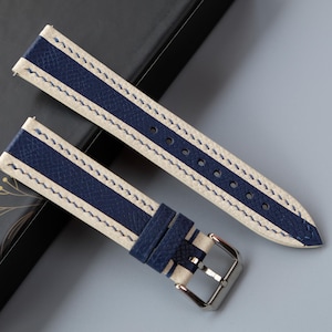 Handmade White & Navy Epsom Leather Watch Strap: Custom Size