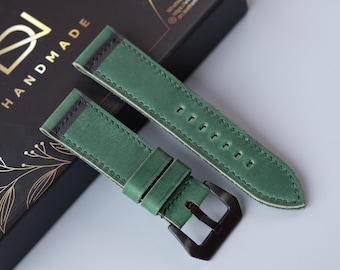 Dark Green Waxed Cowhide Watch Band, Handmade Strap