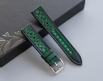 Patina Green Vegetable-Tanned Leather Watch Strap - Custom Sizes From 26mm to 16mm