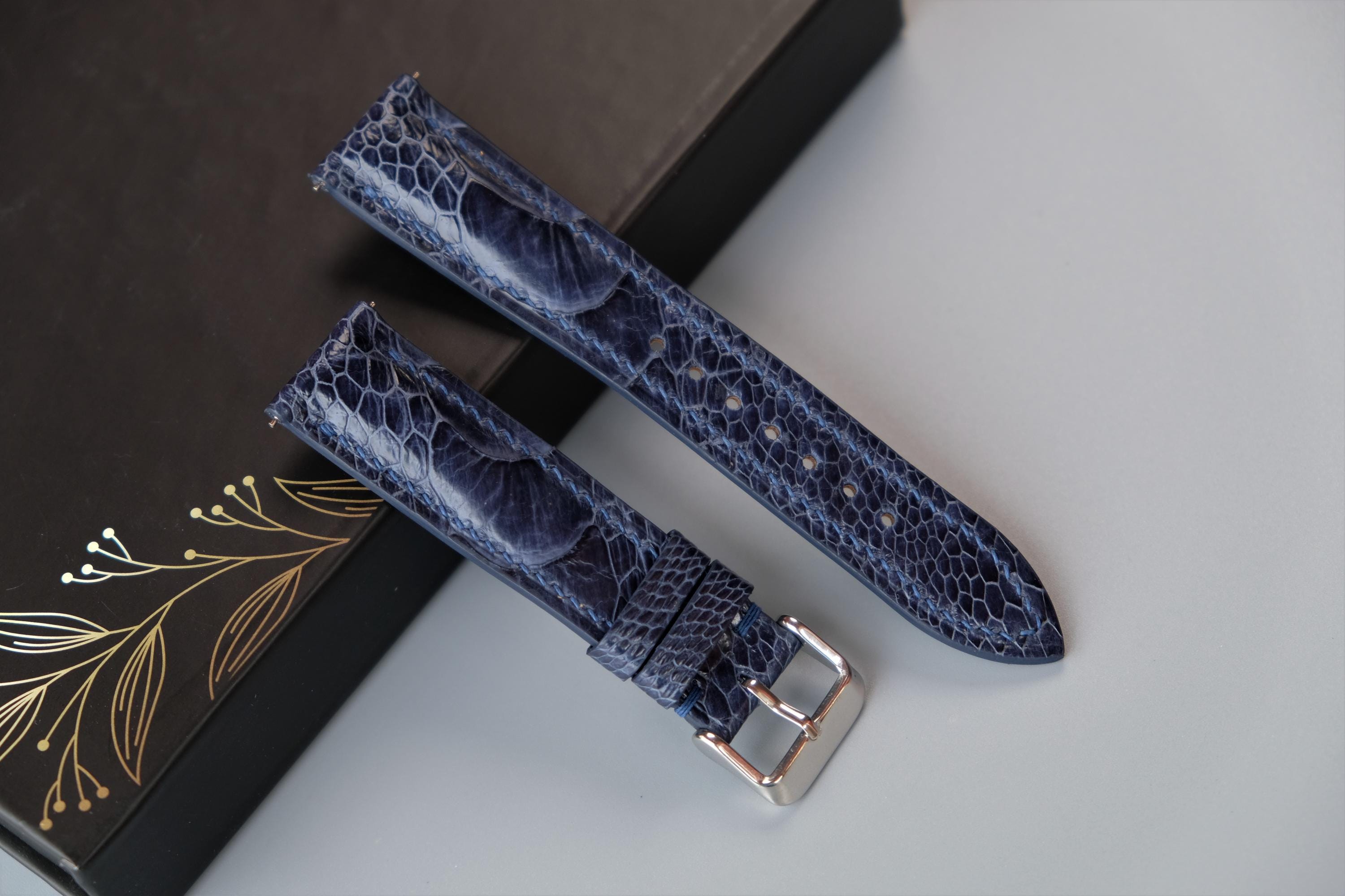 Bracelet De Montre En Cuir D'autruche Véritable Bleu Foncé - Watchband Berlin - Neuf Avec étiquettes - Dégagement Rapide