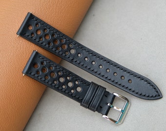 Buttero Leather Watch Strap: Black Racing Style, Custom Size