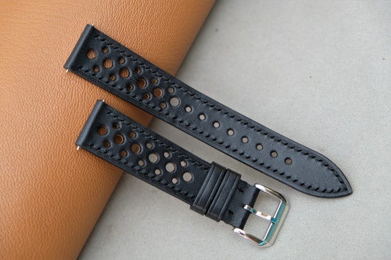 Buttero Leather Watch Strap: Black Racing Style, Custom Size