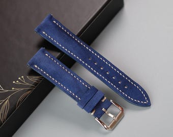 Correa de reloj de ante azul: hecha a mano y a medida.