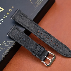 Bracelet de montre en autruche noire, bracelet de montre personnalisé, bracelet de montre fait main, bracelet de montre vintage, 26 mm 24 mm 23 mm 22 mm 21 mm 20 mm 19 mm 18 mm 17 mm 16 mm