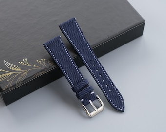 Correa de reloj de lona azul oscuro hecha a mano: detalle de puntada, tamaño personalizado