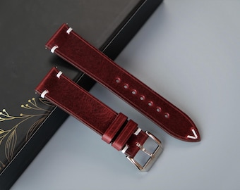 Burgundy Calfskin Leather Watch Strap: Custom Handmade Band
