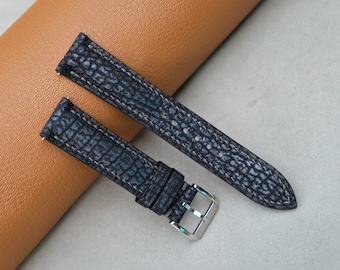 Shark Leather Watch Strap: Black Silver Handmade Band